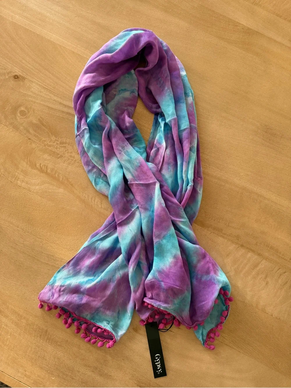 Gypsy 05 Purple and Teal Tie-Dye Scarf with Pom Trim